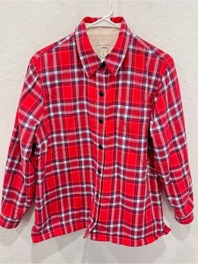 L.L. Bean Red Plaid Flannel Shacket Womens PM Petite Medium Fleece Lined
